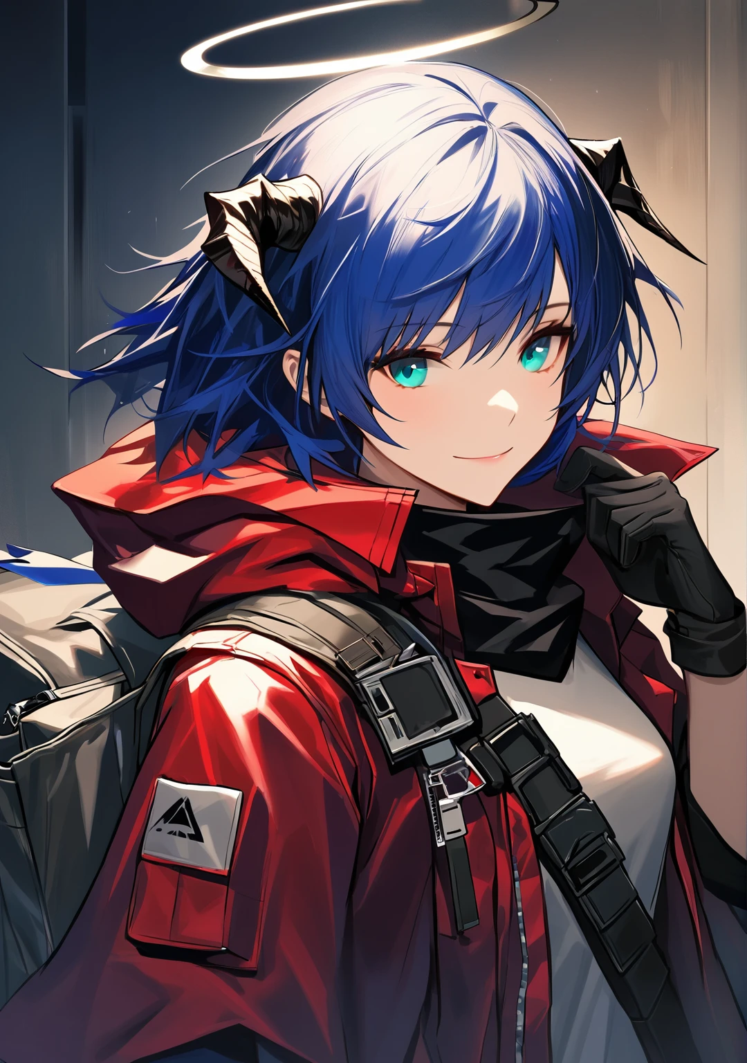 (woman), ((Mostima from arknights)), masterpiece, best quality, blue hair, ((short hair)), horns, plain white shirt, red fullbody coat, red hood, dark blue eyes, realistic anime style, smiling, ((portrait)), black gloves, carring a bag, halo.

