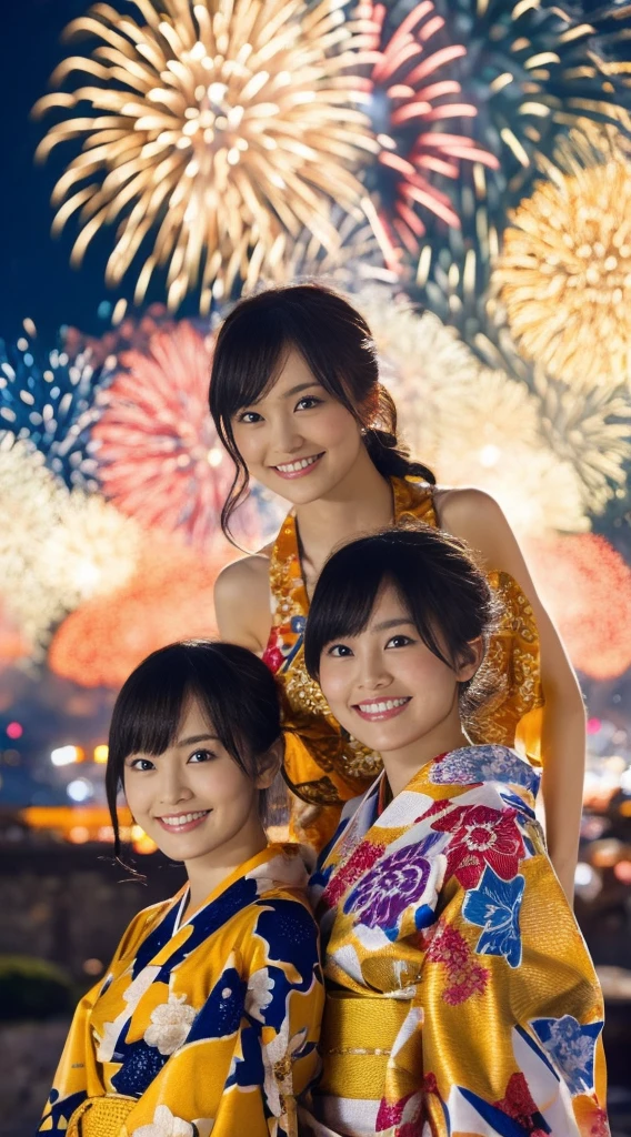 night,Fireworks display,Two Girls,Golden Ratio Style,Clear,yukata,Commemorative photo with fireworks in the background,