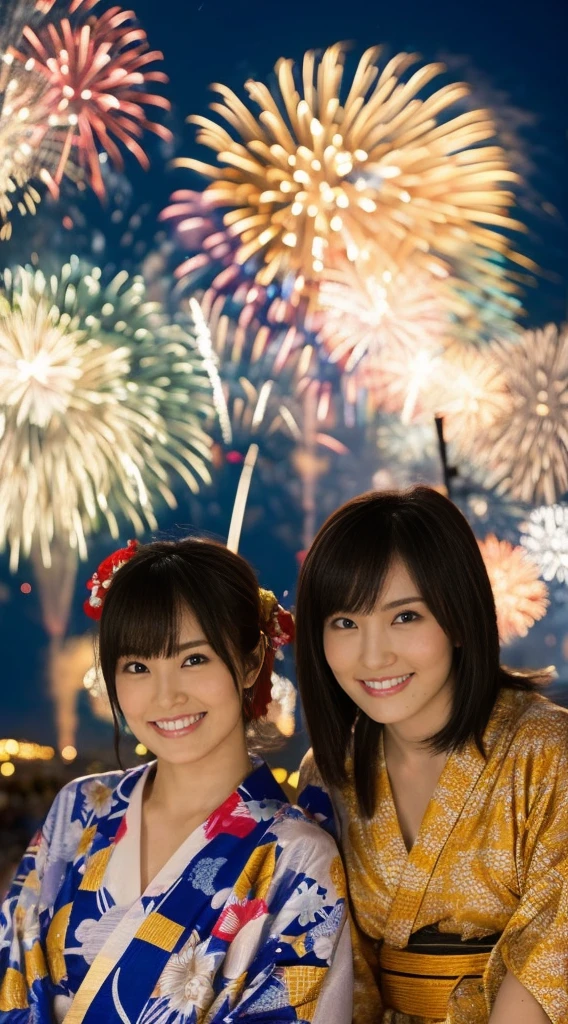 night，Fireworks display，Two Girls，Golden Ratio Style，Clear，yukata，Commemorative photo with fireworks in the background，