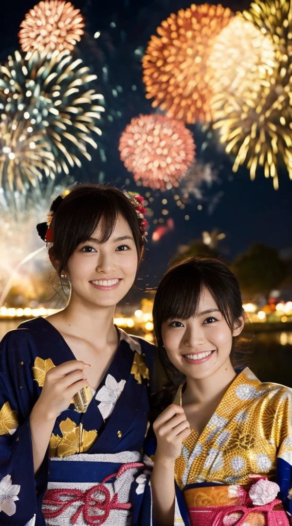 night,Fireworks display,Two Girls,Golden Ratio Style,Clear,yukata,Commemorative photo with fireworks in the background,