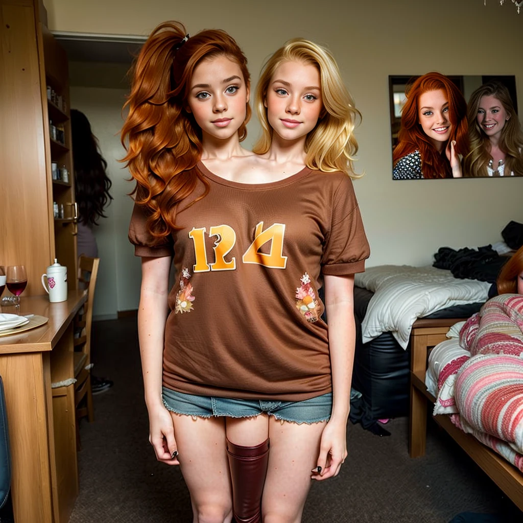 2heads, two headed girl, (13 year old girl:1.5), (a blonde and a redhead:1.5), (two legs:1.5)