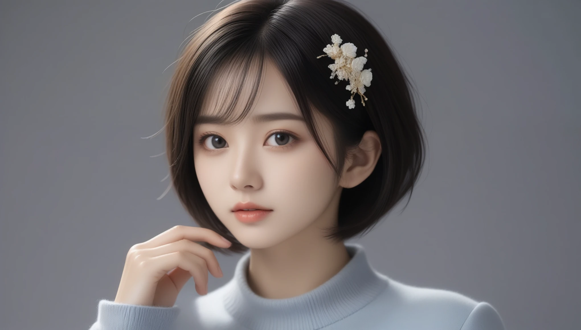 8k, Ultra-high resolution, Highest quality, masterpiece, 三分割法によるphotograph,Surreal, photograph, 1 Girl, (16 years old:1.3), pretty girl, Cute Face, Beautiful eyes in every detail, 細かくdetailedに,masterpiece,One Girl:1.2, Japan Female Announcer,upper body,from below,sad,streaming tears,Black short hair,Messy hair,(black suit:1.3),mourning clothes,(印象派の美しい少女のPortraiture), (Gray background:1.3),(Impressionist light and colour),Realistic Skin, Perfect and beautiful face ,完璧でCute Face, Skin with attention to detail, Perfect limbs、Narrow waist,Looking at the audience、beauty,Long neck,clavicle,(((Ideal body type))),A cup small breasts :2,Portraiture:2,Perfect Anatomy,鮮明なdetailed,detailed,Surreal,Light and shadow,spotlight