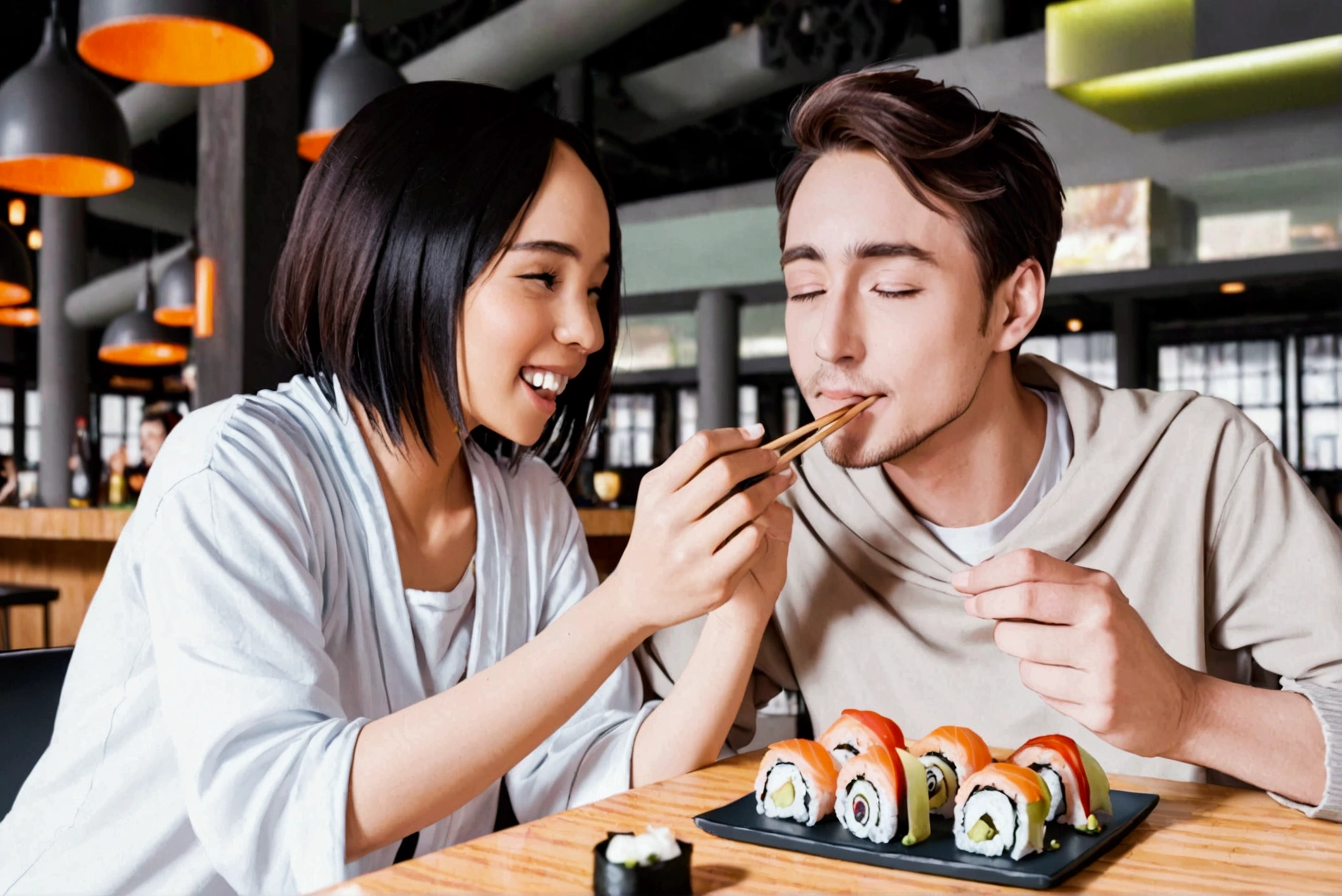 Girlfriend feeding boyfriend sushi, shy, in love, across from each other