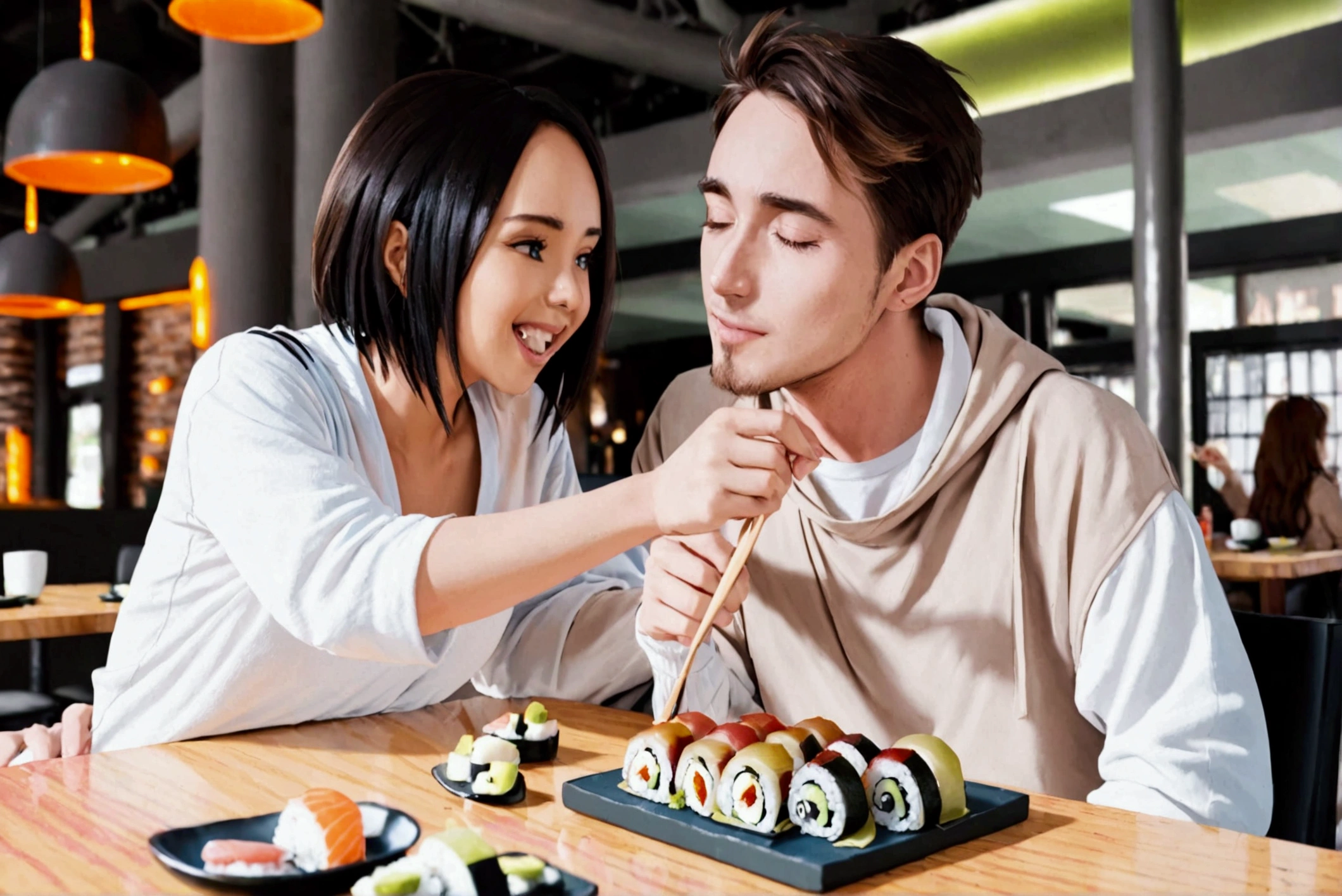 Girlfriend feeding boyfriend sushi, shy, in love, across from each other
