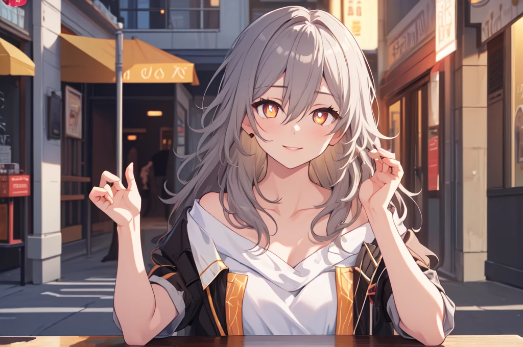 (masterpiece,best quality:1.4),(highres,perfect anatomy:1.2),official wallpaper,pixiv id,
outdoors,street,lamppost,
1girl,solo,(full body:0),silver hair,bronya zaychik,
collarbone,(long hair,bangs,hair between eyes),(bright pupils,detailed pupils,glint),seductive smile,(blush:0),
