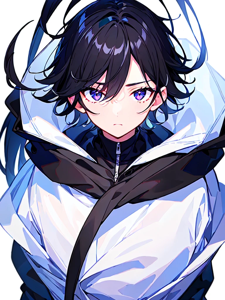 [(WHITE BACKGROUND:1.5),::5], ((((masterpiece)))), high quality, ultra very high resolution, full color, (((solo))), ((little boy)), Black hair, ((White streaked hair)), (Black eyes), anime, ((upper body)), black parka, 