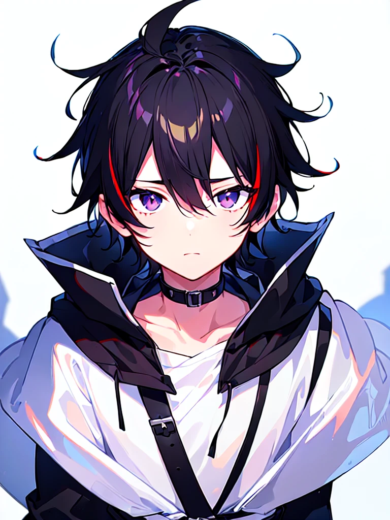 [(WHITE BACKGROUND:1.5),::5], ((((masterpiece)))), high quality, ultra very high resolution, full color, (((solo))), ((little boy)), Black hair, ((White streaked hair)), (Black eyes), anime, ((upper body)), black parka, 