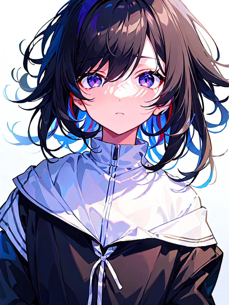 [(WHITE BACKGROUND:1.5),::5], ((((masterpiece)))), high quality, ultra very high resolution, full color, (((solo))), ((little boy)), Black hair, ((White streaked hair)), (Black eyes), anime, ((upper body)), black parka, 