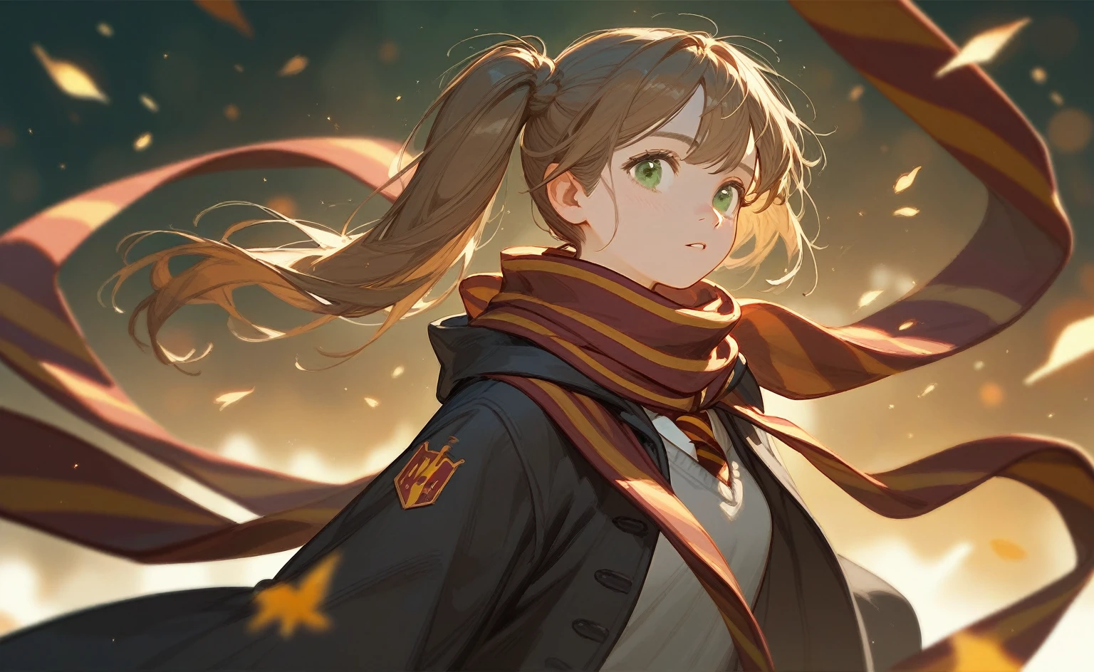 1 ，Brown side ponytail，scarf，Green eyes，Harry Potter wizard&#39;s cloak fluttering，Black sailor suit，Night 1.1，Medieval Castle Background，moon，Open floating magic book in hand，Green magic effects，cute，Round frame eyes，Flat painting style，Fisheye lens，window