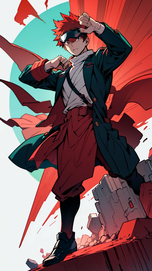 gokonoi, young adult, full body, heroic personality, in modern hero uniform, with a black overcoat and shooting red rays from his eyes through a visor. In the art style of My Hero Academia