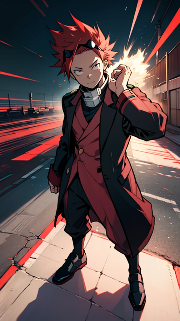 gokonoi, young adult, full body, heroic personality, in modern hero uniform, with a black overcoat and shooting red rays from his eyes through a visor. In the art style of My Hero Academia