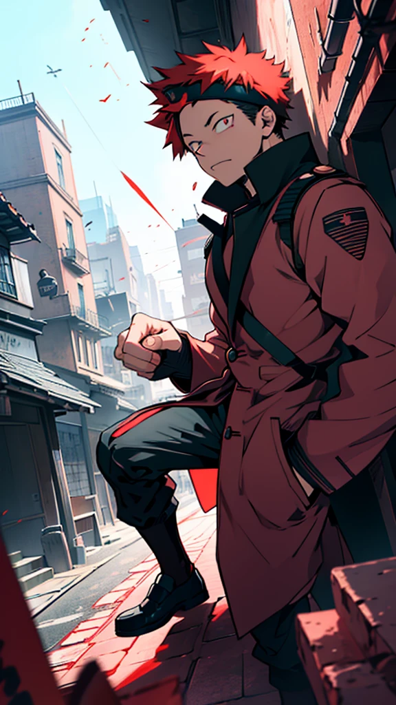 gokonoi, young adult, full body, heroic personality, in modern hero uniform, with a black overcoat and shooting red rays from his eyes through a visor. In the art style of My Hero Academia