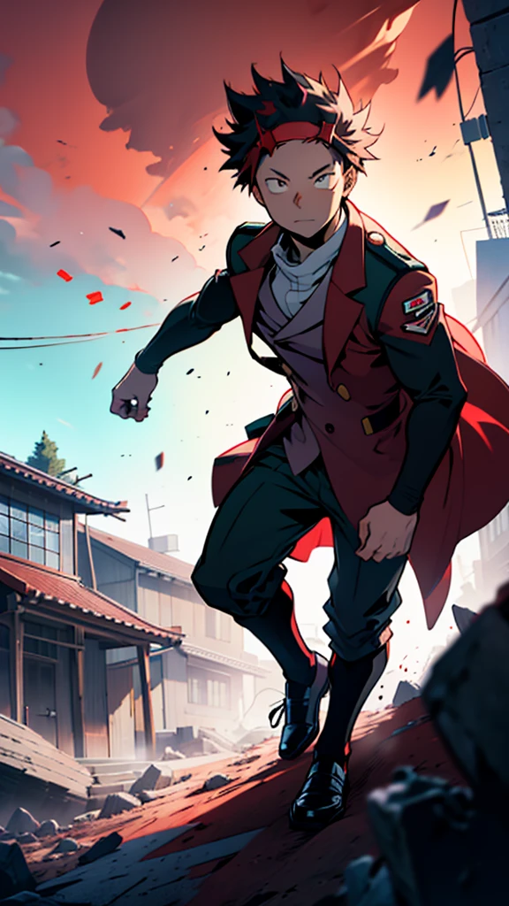 gokonoi, young adult, full body, heroic personality, in modern hero uniform, with a black overcoat and shooting red rays from his eyes through a visor. In the art style of My Hero Academia