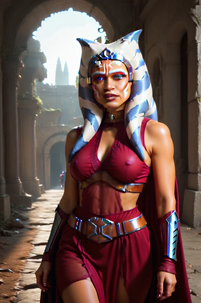 a ((fall body)) ((Ahsoka))) (()) (())mandalorian,walking on snow coverd ruins , ((green fire eyes )) , beautiful detailed eyes, beautiful detailed lips, extremely detailed face, long eyelashes, mandalorian armor, sci-fi, cinematic lighting, dramatic, epic, intricate details, hyper-realistic, 8k, high-quality, photorealistic
