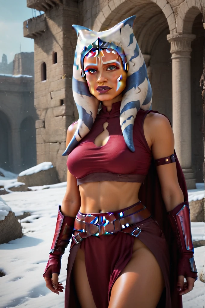 a ((fall body)) ((Ahsoka))) (()) (())mandalorian,walking on snow coverd ruins , ((green fire eyes )) , beautiful detailed eyes, beautiful detailed lips, extremely detailed face, long eyelashes, mandalorian armor, sci-fi, cinematic lighting, dramatic, epic, intricate details, hyper-realistic, 8k, high-quality, photorealistic