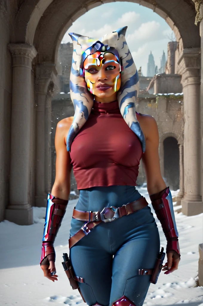 a ((fall body)) ((Ahsoka))) (()) (())mandalorian,walking on snow coverd ruins , ((green fire eyes )) , beautiful detailed eyes, beautiful detailed lips, extremely detailed face, long eyelashes, mandalorian armor, sci-fi, cinematic lighting, dramatic, epic, intricate details, hyper-realistic, 8k, high-quality, photorealistic
