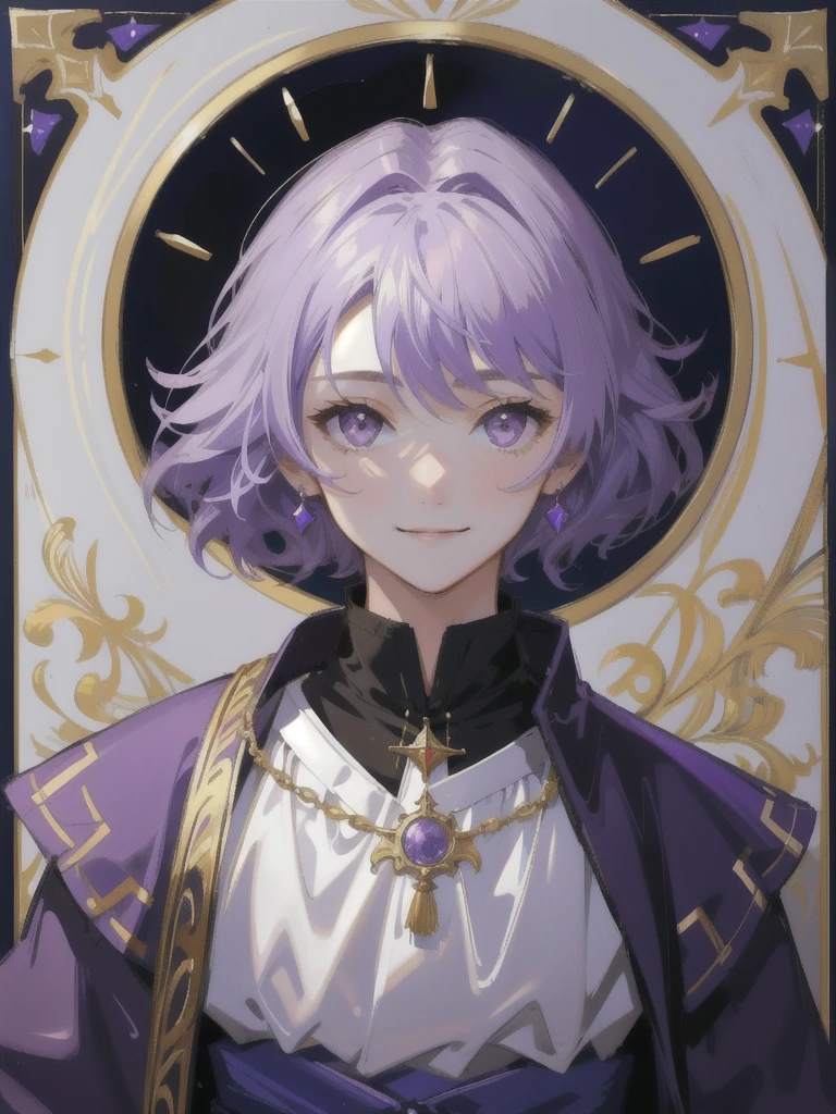 12 years old boy with white short hair and purple eyes, smile face, young face, only focus on body and face, calm demeanor, hide hands, medival outfit, renaisans era.