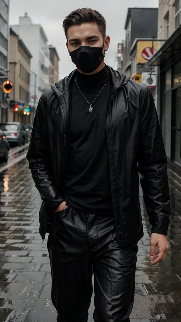 ghible style image of a young man wearing black on a rainy day
