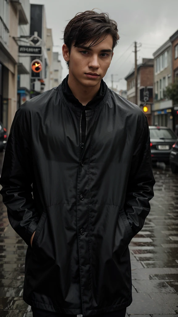 ghible style image of a young man wearing black on a rainy day