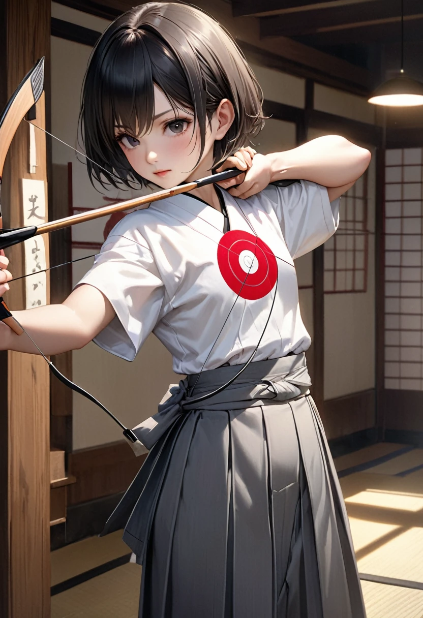 {{masterpiece、Highest quality、(((Realistic、Realistic:1.37)))、One Girl, 8K quality、Very delicate and beautiful、wonderful、Large file size、Very detailed、Very detailed、Cinema Lighting}}、Small breasts, Hinyuu,Tomboy,Looks like a boy,Very short hair,Black Hair,Boys Haircut,Short sleeve,,Bow and Arrow,Target,aiming Target,(White kimono) (Gray Hakama),kimono,Japanese Dojo, Drawing Bow Anatomically Accurate Body Drawing、The rooms and gardens of Japanese feudal lords'residence of、With a bow and arrow in hand,Combat Stance