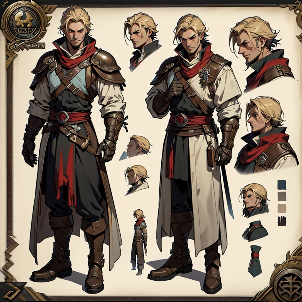 Close-up of a man in a Assasin's Creed costume, ((character concept art)), ((Character design sheet, same character, on front, from on the side, At the back)) Character image, Medieval game character design, Medieval game character design, hair color: Brown with gold parting, Age: Young, eyecolor: Brown, He wears gloves on his hands, Wears  boots. During the use of certain abilities, A helmet is formed on the head of a dragon. He has a code name around his neck, expert high detail concept art, Concept art of a metal bullet, Fun character design. ConceptArt, belt buckle at the waist,Medieval style weapons,