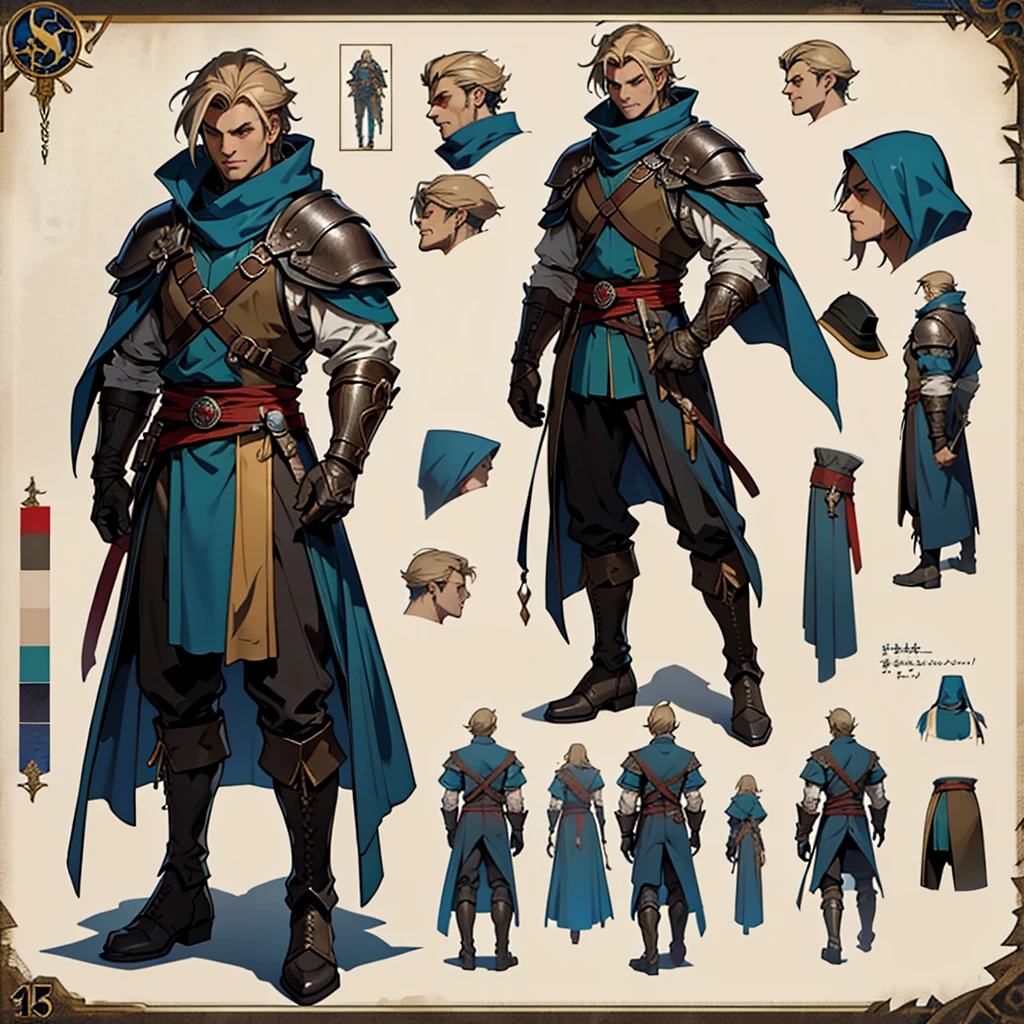 Close-up of a man in a Assasin's Creed costume, ((character concept art)), ((Character design sheet, same character, on front, from on the side, At the back)) Character image, Medieval game character design, Medieval game character design, hair color: Brown with gold parting, Age: Young, eyecolor: Brown, He wears gloves on his hands, Wears boots. During the use of certain abilities, A helmet is formed on the head of a dragon. He has a code name around his neck, expert high detail concept art, Concept art of a metal bullet, Fun character design. ConceptArt, belt buckle at the waist,Medieval style weapons,