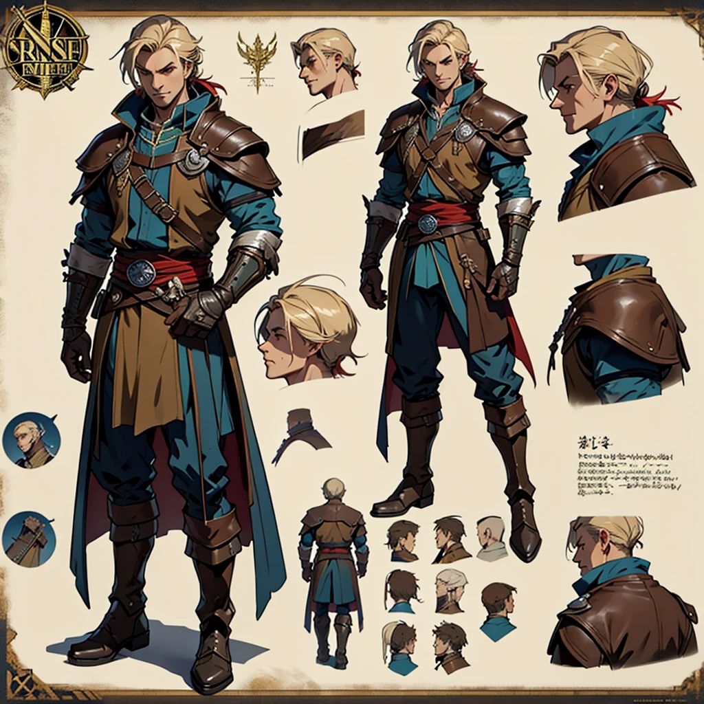Close-up of a man in a Assasin's Creed costume, ((character concept art)), ((Character design sheet, same character, on front, from on the side, At the back)) Character image, Medieval game character design, Medieval game character design, hair color: Brown with gold parting, Age: Young, eyecolor: Brown, He wears gloves on his hands, Wears  boots. During the use of certain abilities, A helmet is formed on the head of a dragon. He has a code name around his neck, expert high detail concept art, Concept art of a metal bullet, Fun character design. ConceptArt, belt buckle at the waist,Medieval style weapons,