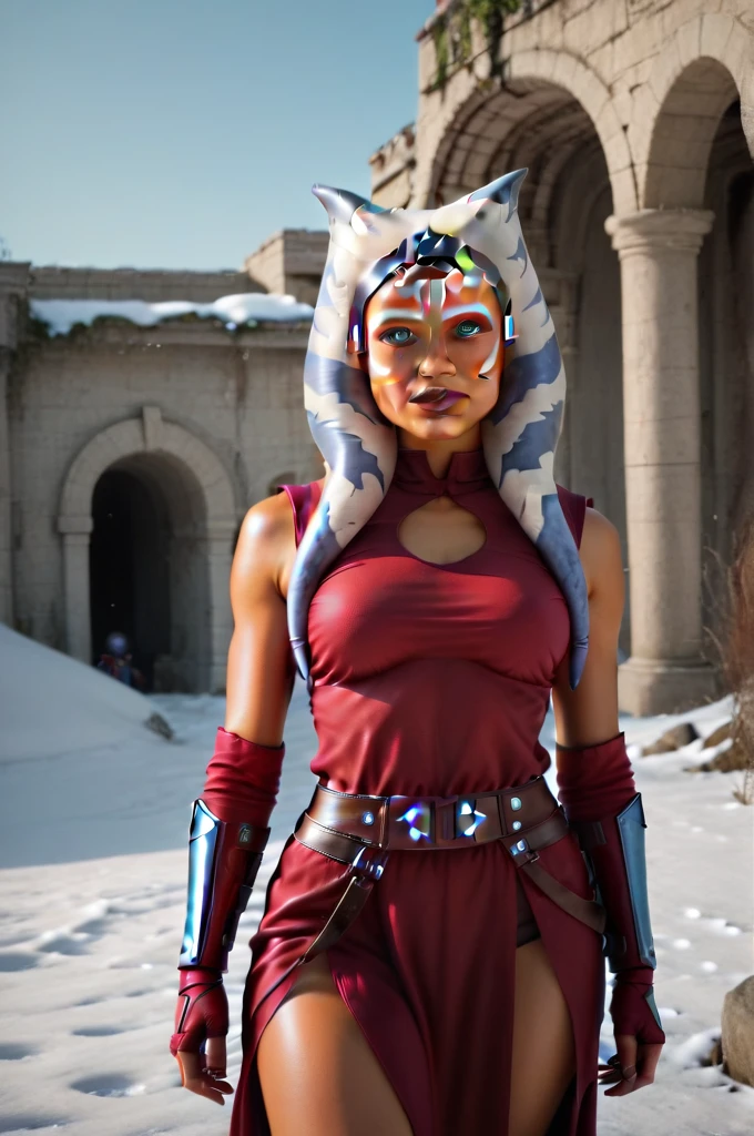 a ((fall body)) ((Ahsoka))) (()) (())mandalorian,walking on snow coverd ruins , ((green fire eyes )) , beautiful detailed eyes, beautiful detailed lips, extremely detailed face, long eyelashes, mandalorian armor, sci-fi, cinematic lighting, dramatic, epic, intricate details, hyper-realistic, 8k, high-quality, photorealistic