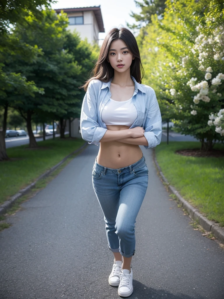 (best quality, Masterpiece, Realistic photos, very detailed, Ultra high resolution, raw:1.3), 1 woman, beautiful, Japan, in university, A young university girl wears a green button-up crop top.., Blue Jeans, showing navel, College Student, navel, (canvas shoes, ขาbeautiful, full body), Walking place, holding a book, Dress well, ((Cross your arms over your chest.))