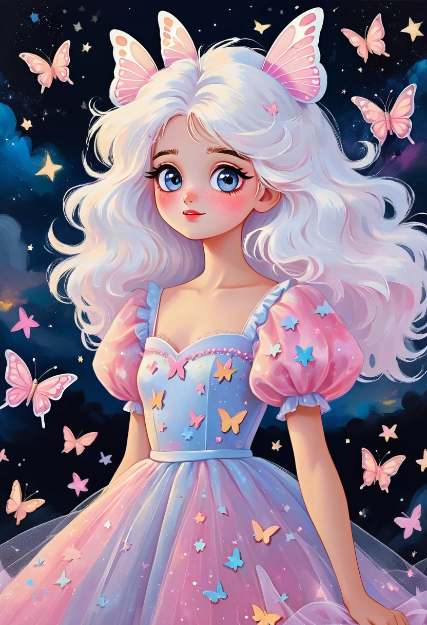 Rafael Silveira Collage Painting，Oil painting brush strokes，Oil painting texture：Cartoon Girl Portrait，Starry Eyes，White fluffy hair，???? Sleeve Princess Tulle Dress-Tulle，Butterflies in the sky，Luminescence，Soft pink，Dark solid background