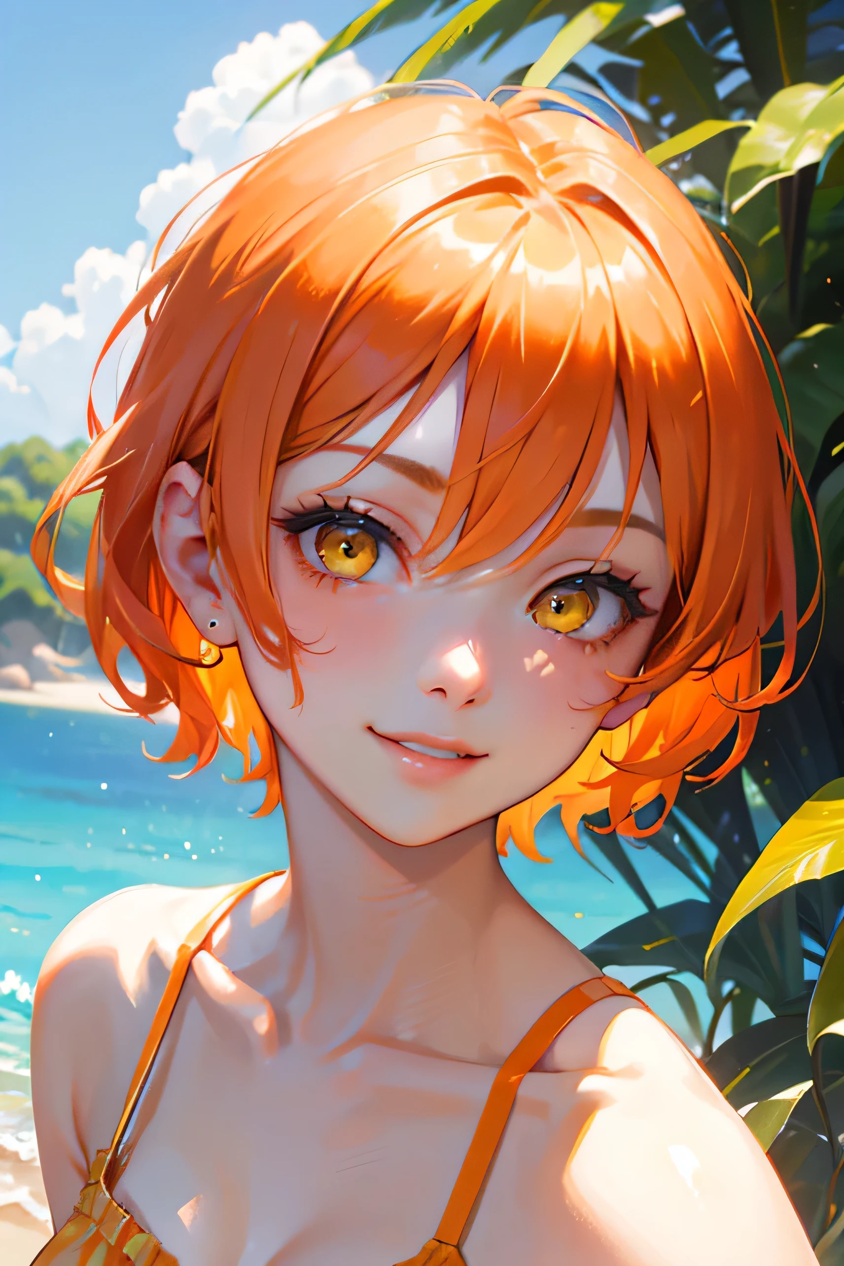 Beautiful adult woman、((Orange short hair))(Yellow Eyes))、Face close-up、A mischievous smile、Summer background