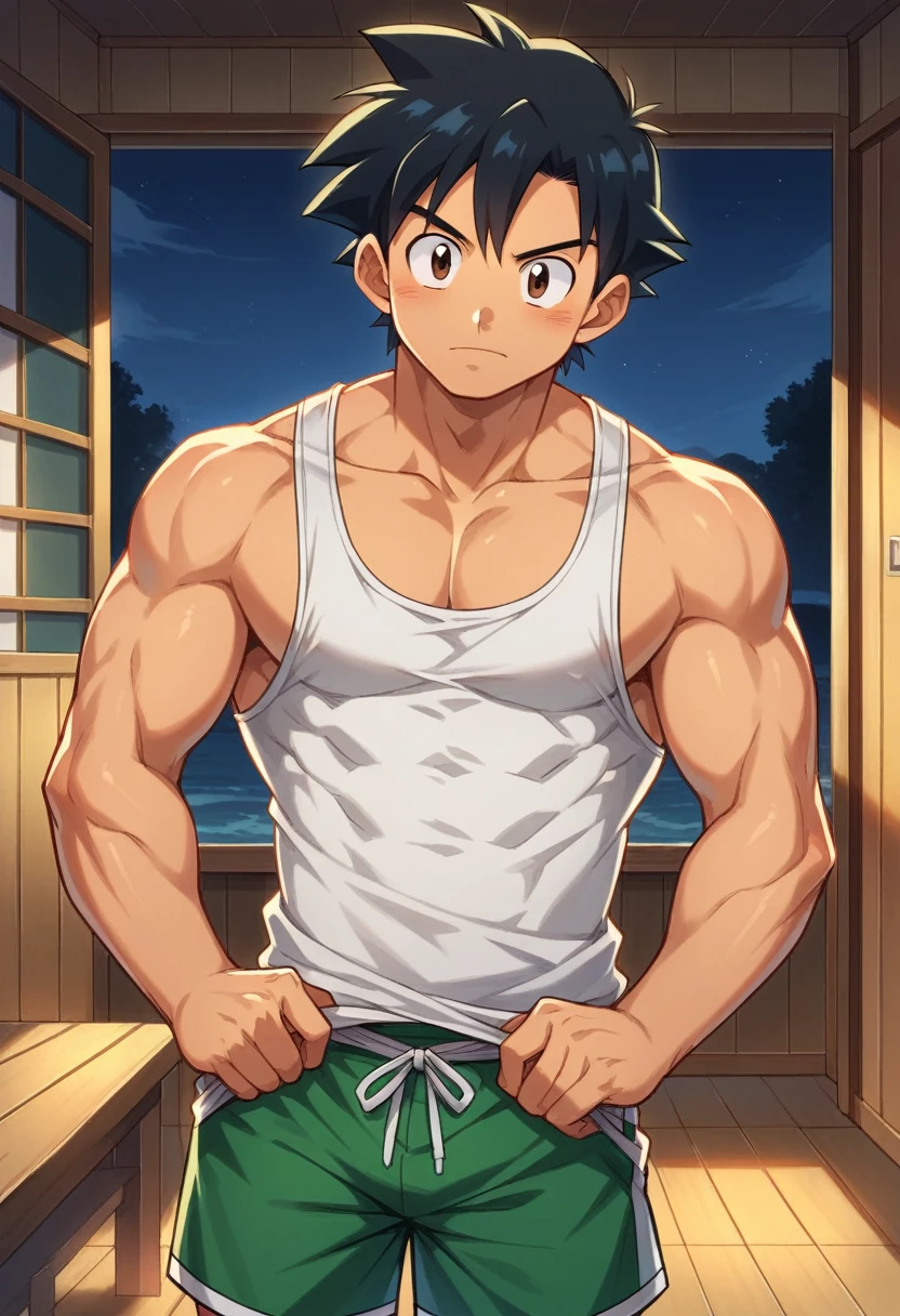 1boy, 1solo, ash ketchum, black hair, brown eyes, hair between eyes, ash ketchum, inside a beach house, room, at night, tank top, shirtless, shorts, handsome boy, macho, good looking boy, sexy poses, taking up his tank top showing his chest and abdomen, undressing