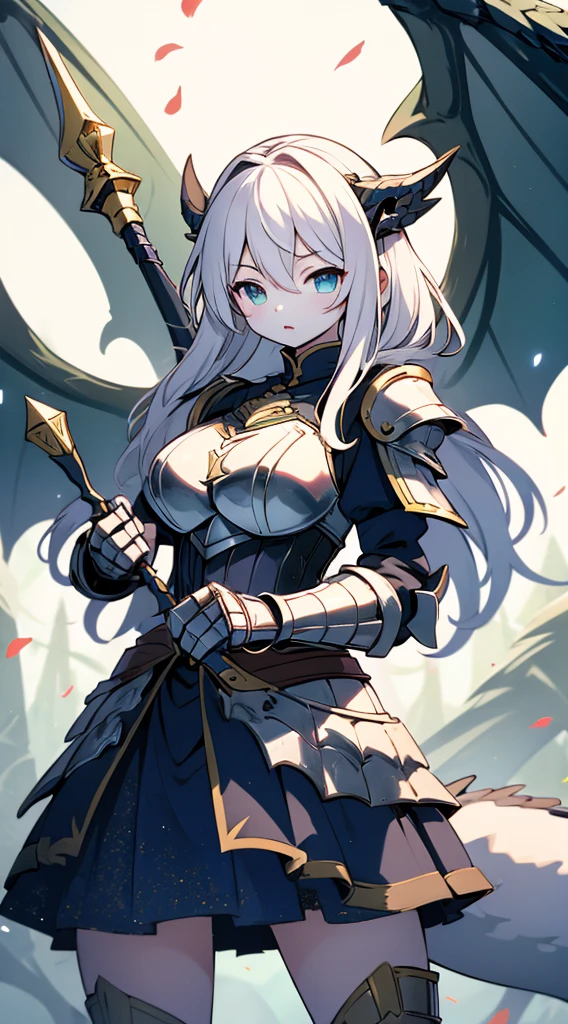 knight，Dragon Girl，Anthropomorphic Dragon，Dragon Horn，knightarmor，Plate，Breastplate，Wristband，Arm Guard，Metal armor，armor，wing，巨龙wing，巨龙knight女孩，Big breasts，Pale，silver white，White hair，White scales，Dragon Claw，butt，大butt，Big breasts，Big breasts，armor，knight长枪，Holding a spear，knight长矛，手持knight长矛长矛，Huge spear，Fantasy style，Fantasy style，Skirt Armor，Skirt，Dragon Tail，巨Dragon Tail，Fleshy tail，Chubby tail