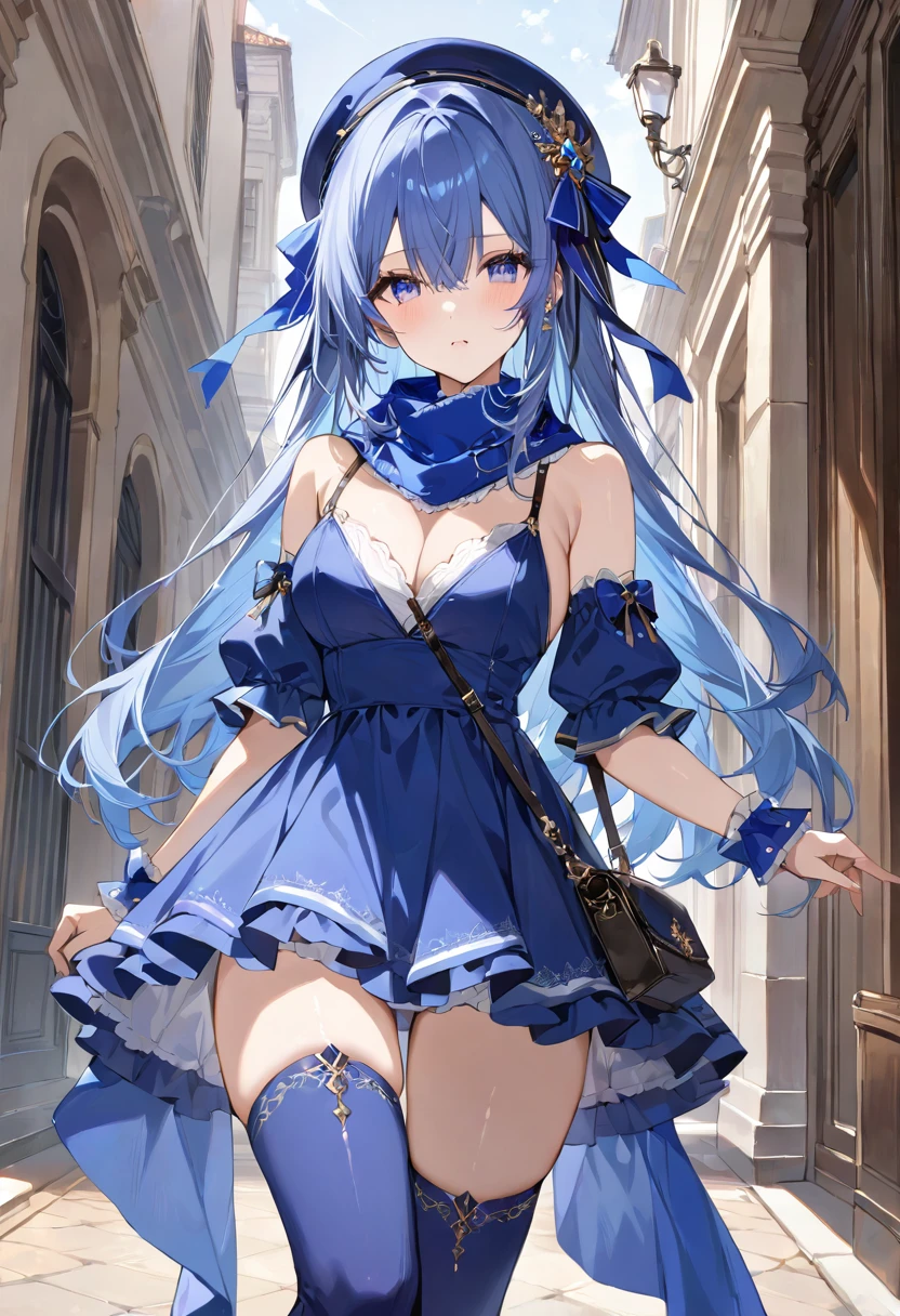 masterpiece, best quality, ultra detailed, sparkling eyes, 1girl, sup3rcr33k, blue dress, blue hair bow, blue wrist cuffs, blue thighhighs, shoulder bag, detach sleeves, blue scarf, 