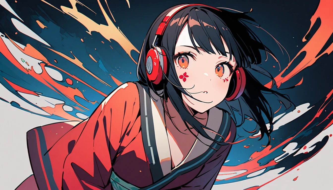 Ink Painting, (((1 girl))), (((Tattoo on face))), (((Gorgeous hair accessories))), Japanese style headphones, Open your arms, Look up to the sky, Japanese, Beautiful woman in kimono, Black Hair, vivid color, Modern ukiyo-e style