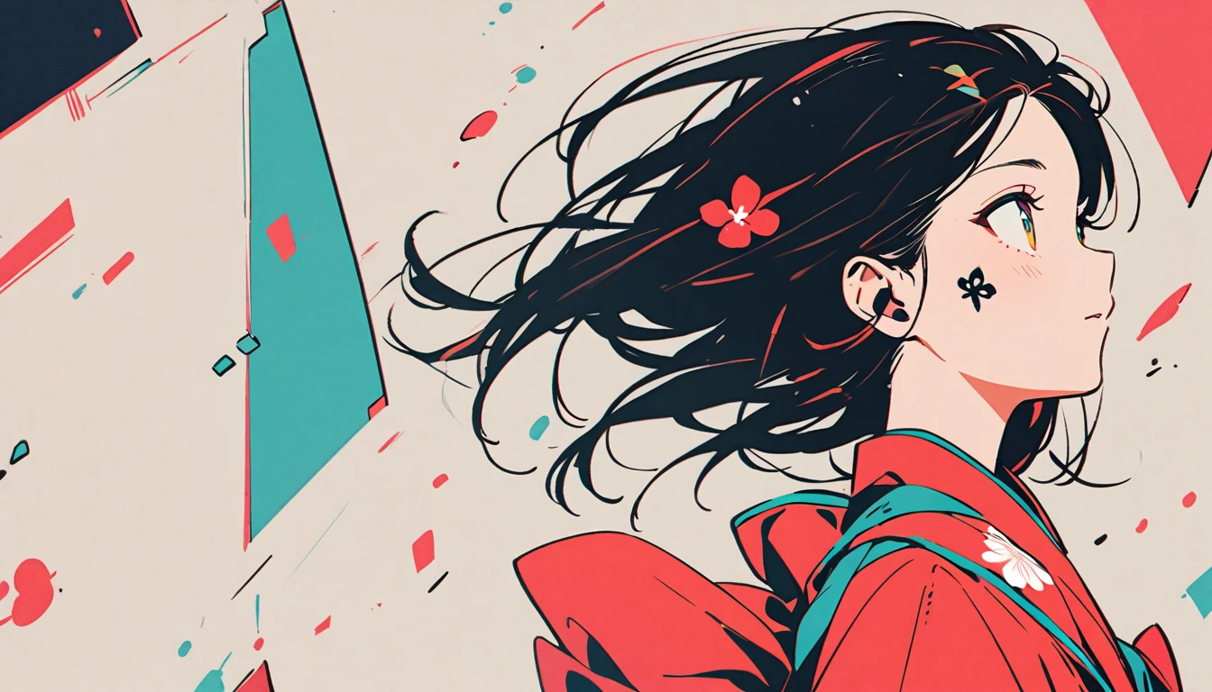 Ink Painting, (((1 girl))), (((Tattoo on face))), (((Gorgeous hair accessories))), Japanese style headphones, Open your arms, Look up to the sky, Japanese, Beautiful woman in kimono, Black Hair, vivid color, Modern ukiyo-e style
