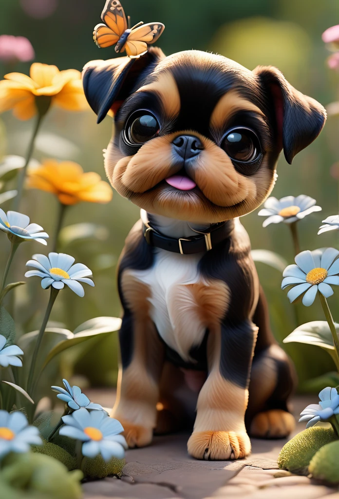 Adorable small tan boston Terrior puppy playing with black shih tzu puppies wearing sunglasses playing at park butterflies and flowers in background 3D Pixar style
