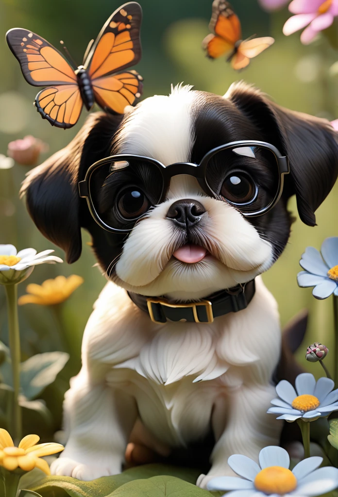 Adorable small tan boston Terrior puppy playing with black shih tzu puppies wearing sunglasses playing at park butterflies and flowers in background 3D Pixar style
