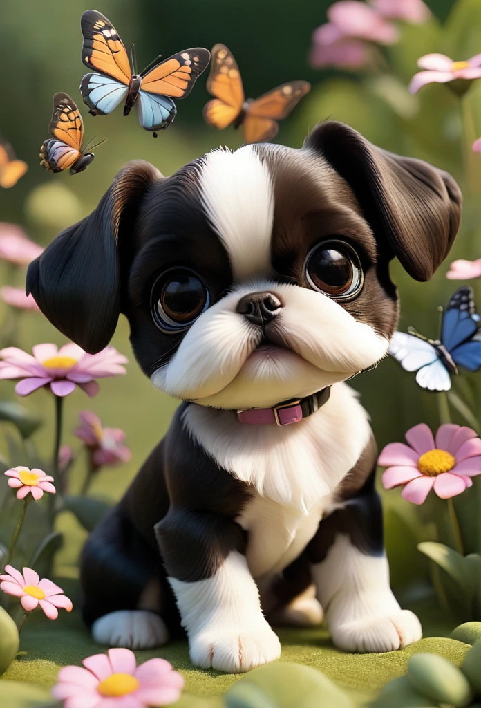 Adorable small tan boston Terrior puppy playing with black shih tzu puppies wearing sunglasses playing at park butterflies and flowers in background 3D Pixar style
