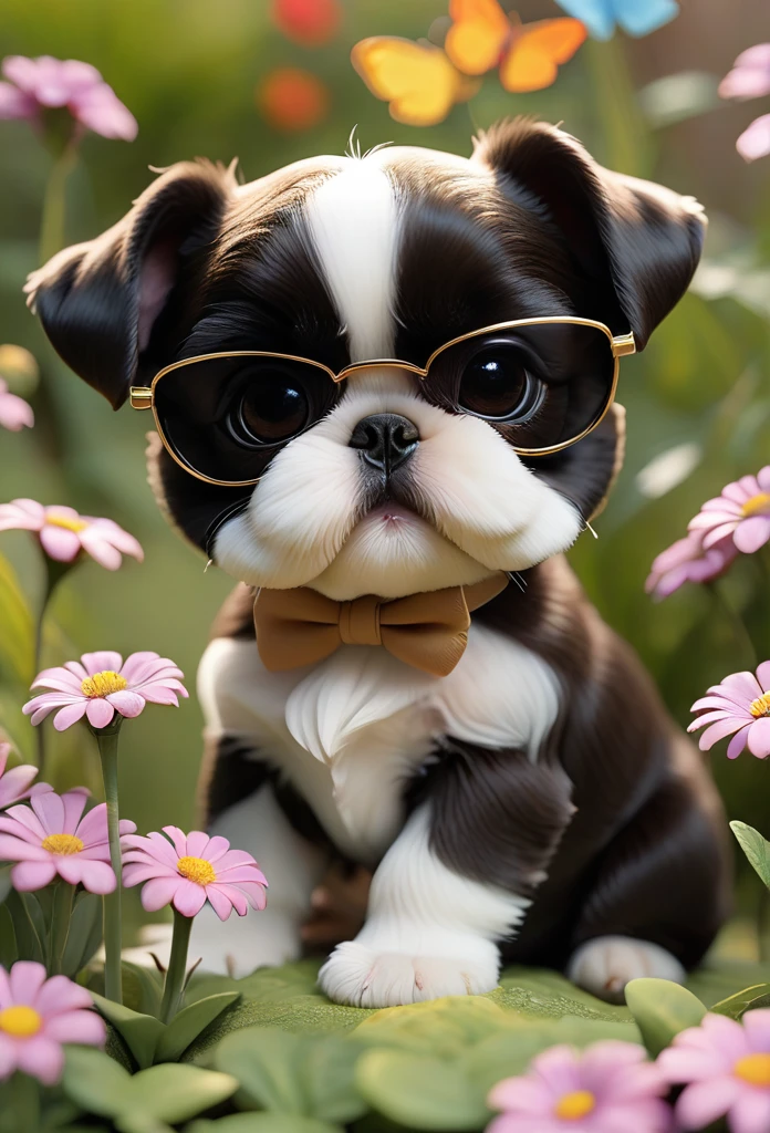 Adorable small tan boston Terrior puppy playing with black shih tzu puppies wearing sunglasses playing at park butterflies and flowers in background 3D Pixar style
