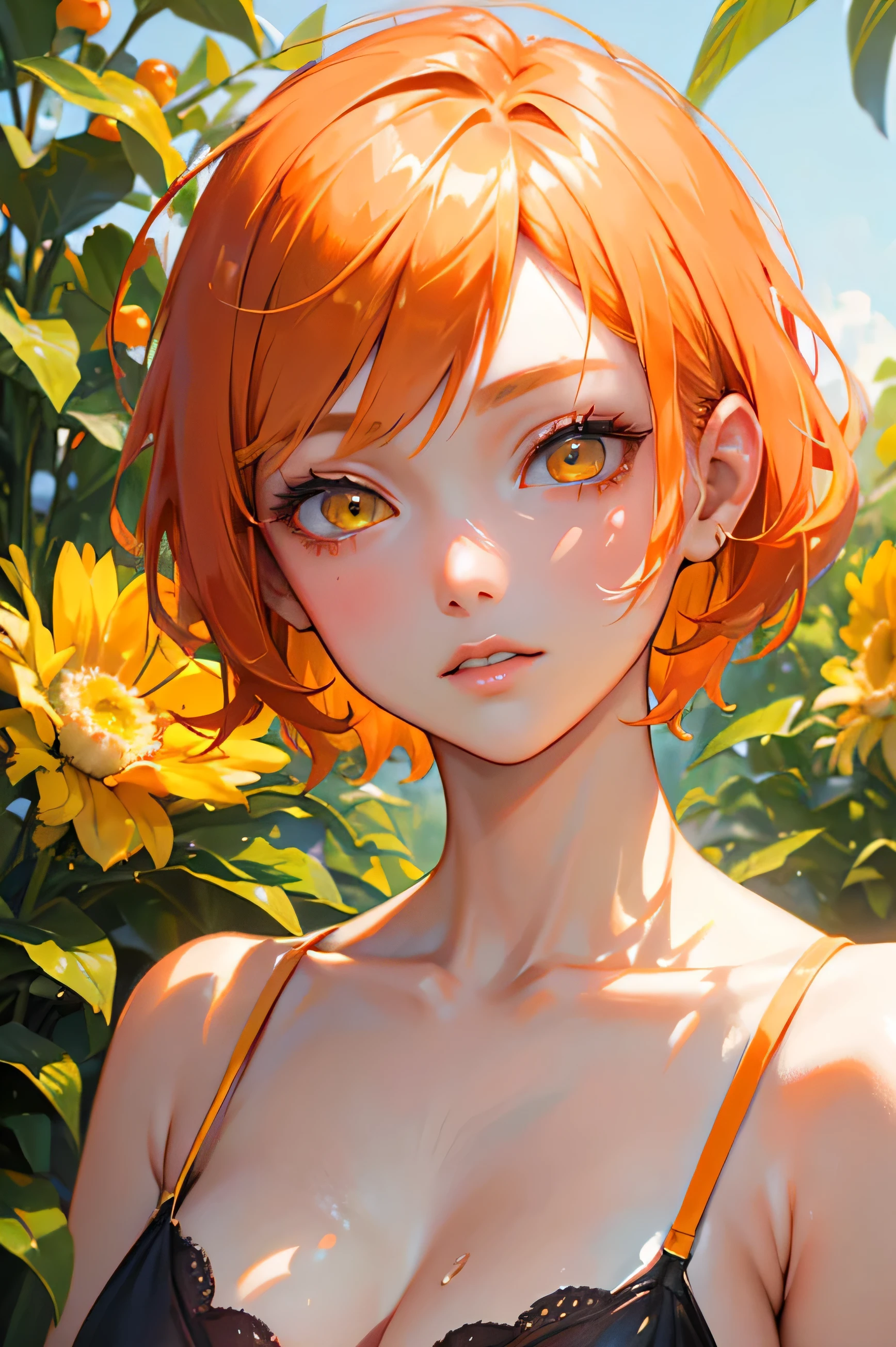 Cool adult woman in festival costume、1 person、((Orange short hair))、(Yellow Eyes)、Bold Pose、Face close-up、(Colorful flowers blooming in the forest々background)、strong、Wicked Smile