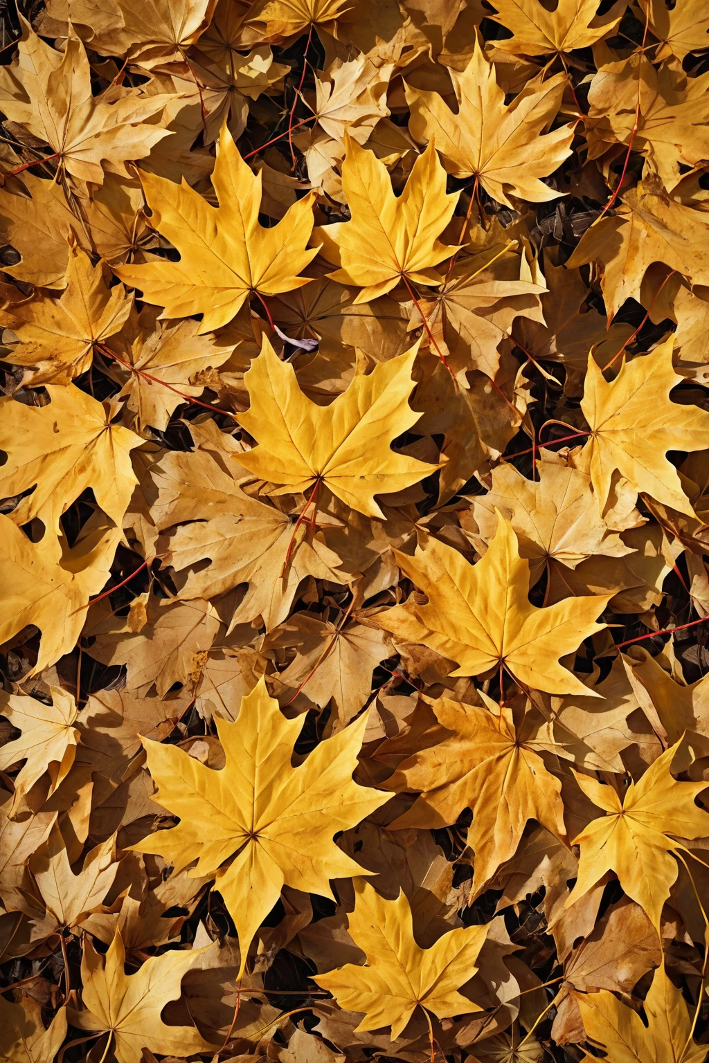 withered fallen maple leaves, autumn, poster style, best quality, masterpiece, golden light