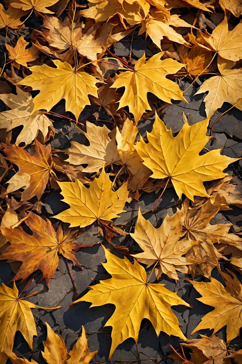 withered fallen maple leaves, autumn, poster style, best quality, masterpiece, golden light