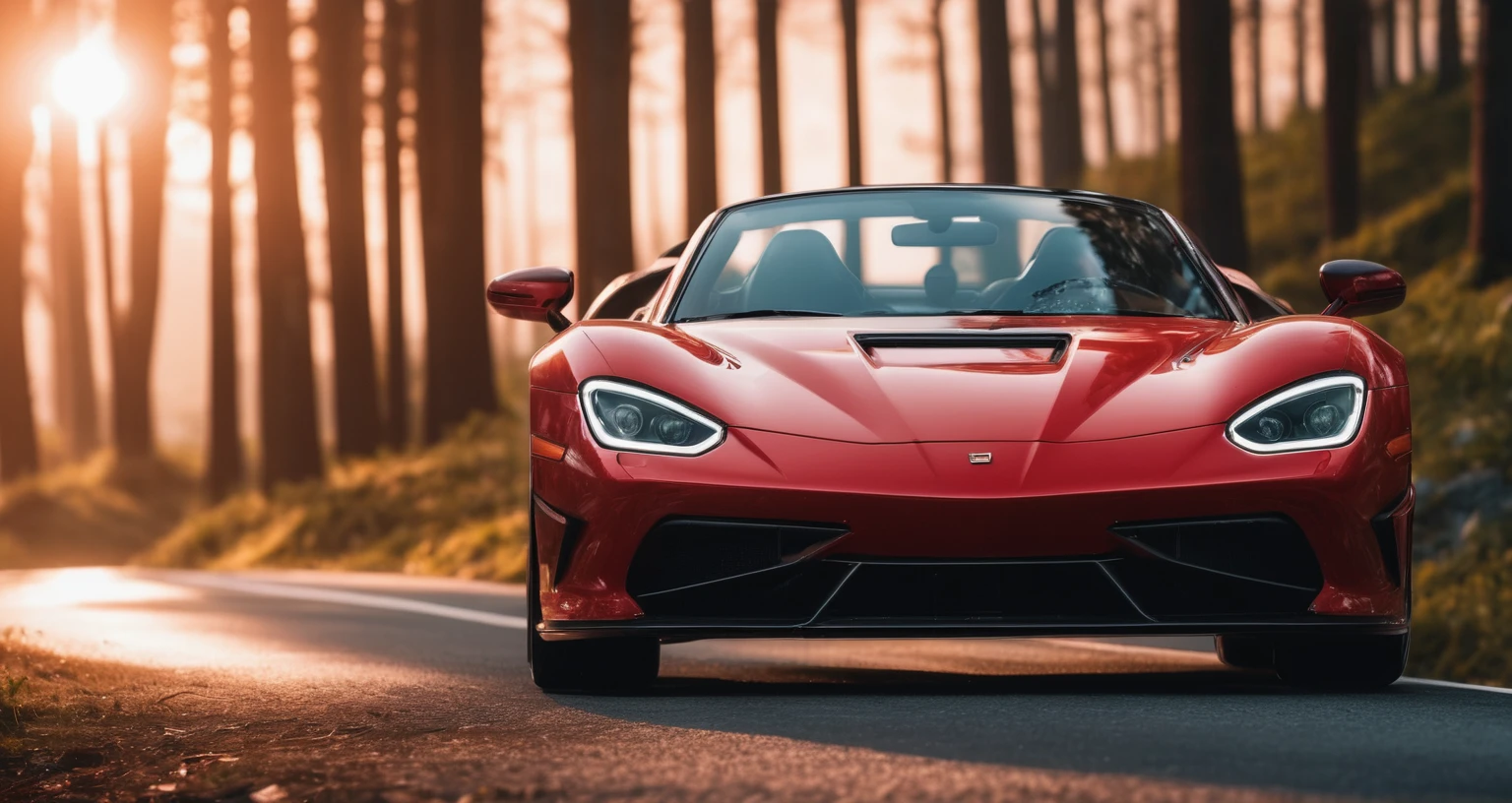 Sports car photos，A red sports car is on the right side of the screen，amazing，Drive on the highway，Showing speed and passion，Red photos，detail强化，blur background/Bokeh，Bright with natural light，Ray Tracing，Sunset sky，forest，Hill in the distance，Highly detailed environments，Low depth of field，HD，detail，8k，lens flare，Sunlight,
