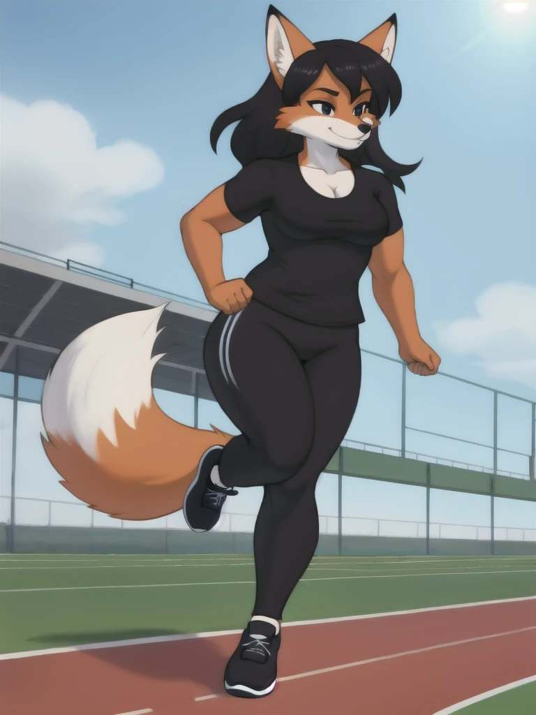 Furry, fox, female, black shirt, black leggings, shoes, running track, solo, full body