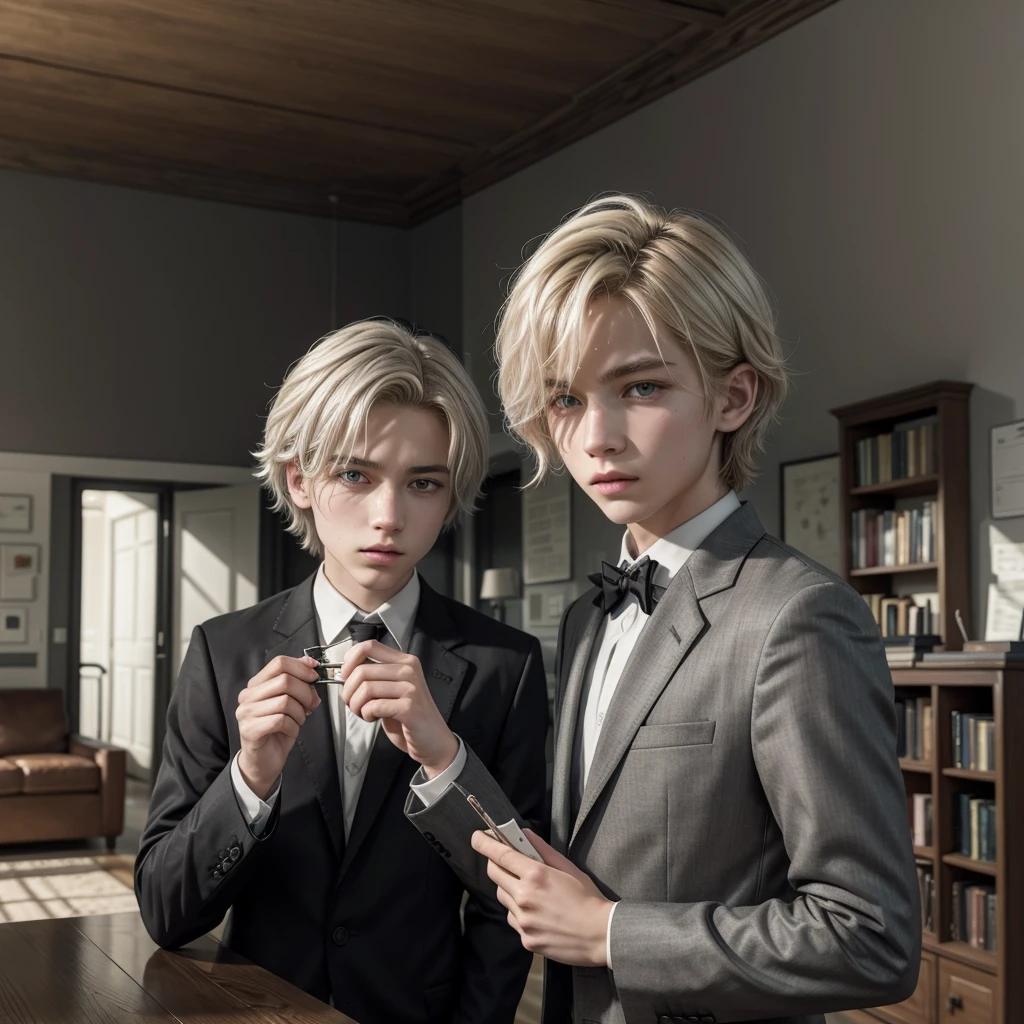 Make a blonde boy with green eyes and short wavy hair wearing a , gray blazer with black and white details, there is a school emblem of two dragons on the left side, which is in a modern living room, gray brick wall, painting with silver frame written "MYSTERY OF MAGIC INSTITUTE", Black and white sofa, there is a cauldron smoking, and shelf with books. from the bust up