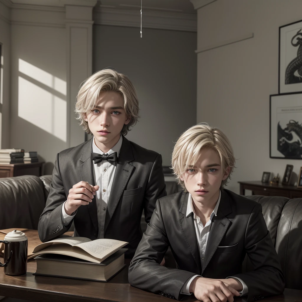 Make a blonde boy with green eyes and short wavy hair wearing a , gray blazer with black and white details, there is a school emblem of two dragons on the left side, which is in a modern living room, gray brick wall, painting with silver frame written "MYSTERY OF MAGIC INSTITUTE", Black and white sofa, there is a cauldron smoking, and shelf with books. from the bust up 