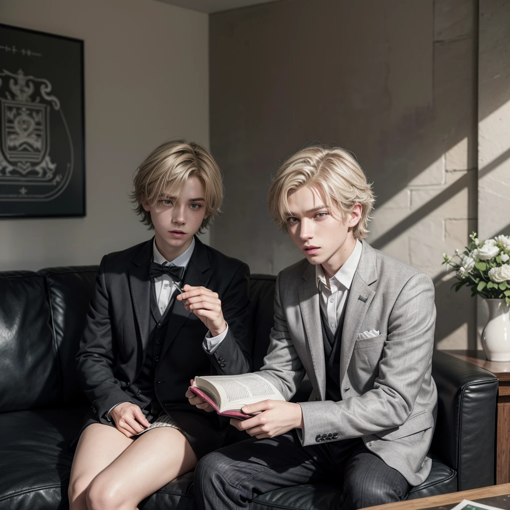 Make a blonde boy with green eyes and short wavy hair wearing a , gray blazer with black and white details, there is a school emblem of two dragons on the left side, which is in a modern living room, gray brick wall, painting with silver frame written "MYSTERY OF MAGIC INSTITUTE", Black and white sofa, there is a cauldron smoking, and shelf with books. from the bust up 