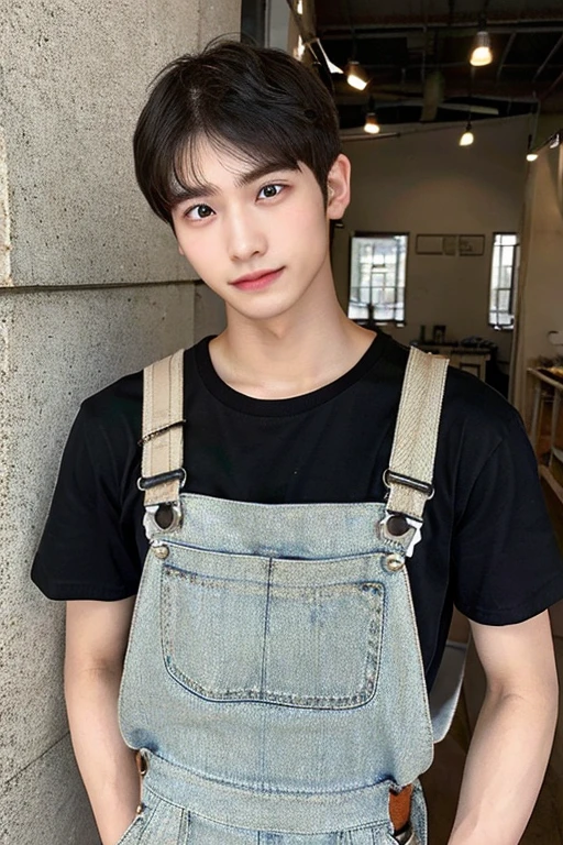 Cute 20 year old guy,Overalls Workwear,indoor,Black medium hair,Hammer in right hand,Driver on the left,Slender body,Thin eyebrows,Neutral facial features