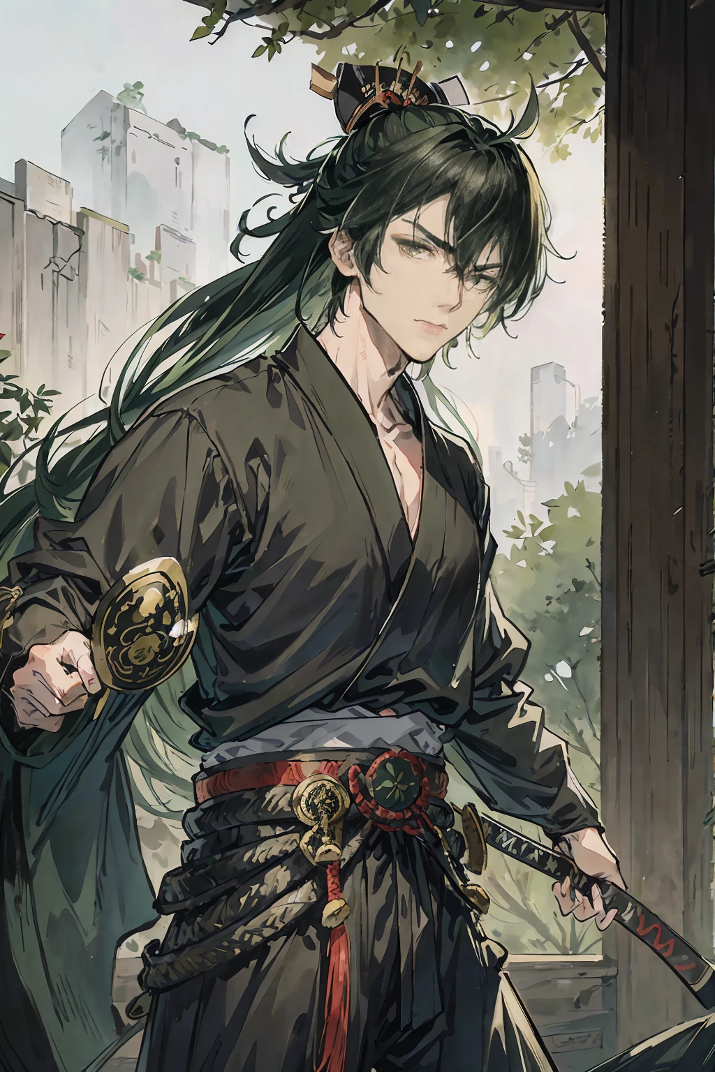 Ninja male, a green haired , wearing a black ninja armor, long hair, fasion hair, samurai armor, slim body, shirt ornament, hakama, tall 165cm, 22yearold, samurai, use katana to fighting, male, handsome, earing,